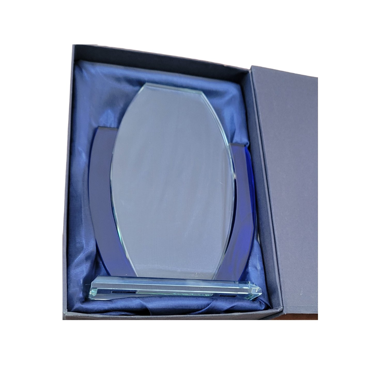 GALVANO VIDRIO 18 CMS BORDE AZUL ALARGADO @GRAFICA