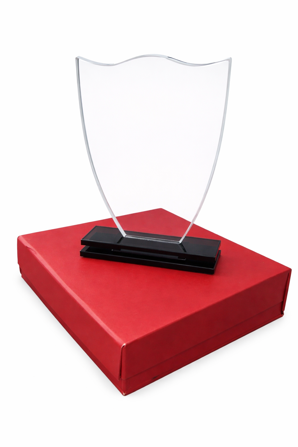 GALVANO DE VIDRIO BASE NEGRA FORMA ESCUDO 22X16CM